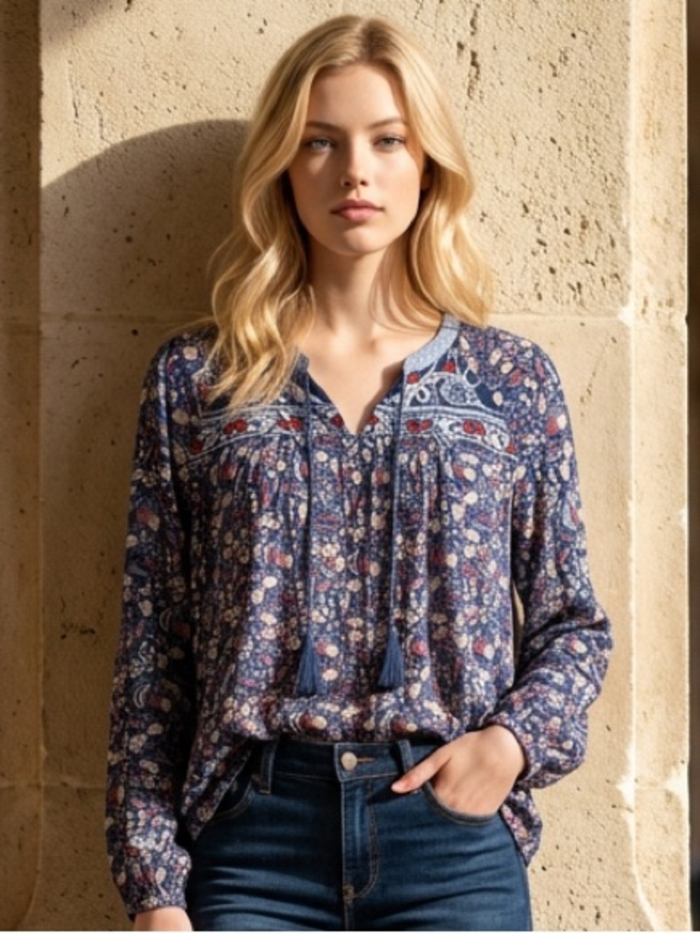 Vintage America Blues Blue Multicolor Floral Peasant V-Neck Tie Blouse L